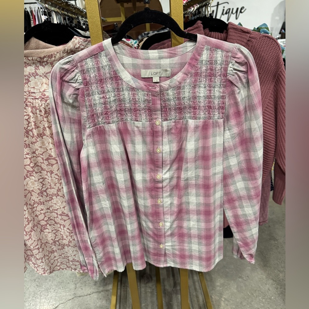 LOFT Pink and White Plaid Button Down Shirt